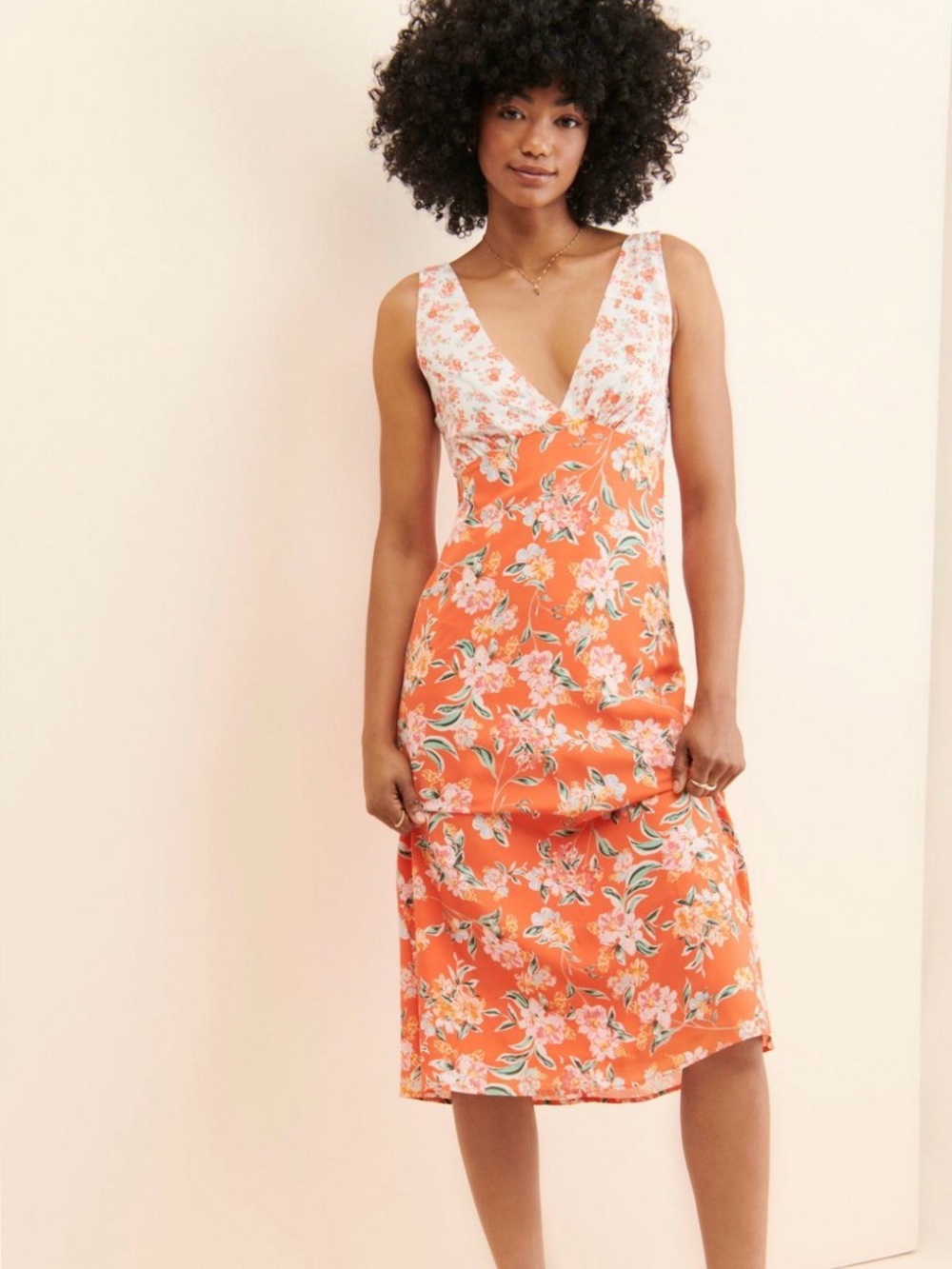 Floral V-Neck Lined Maxi Dress in Coral and Ivory